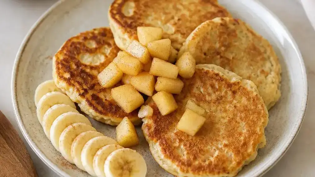 Twaróg and banana pancakes with apple and cinnamon on a plate
