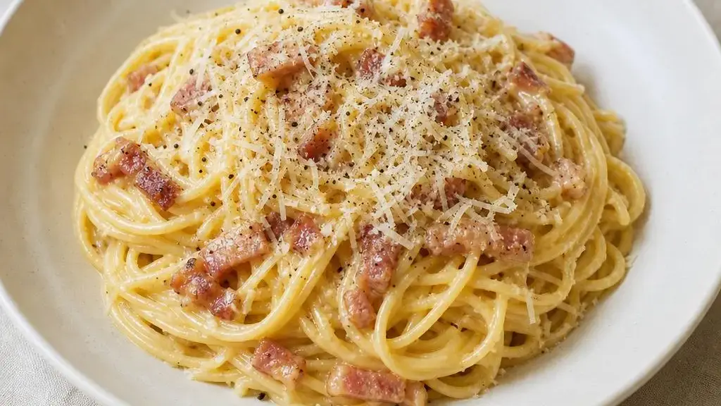 Romige spaghetti carbonara met spek, ei en Parmezaanse kaas