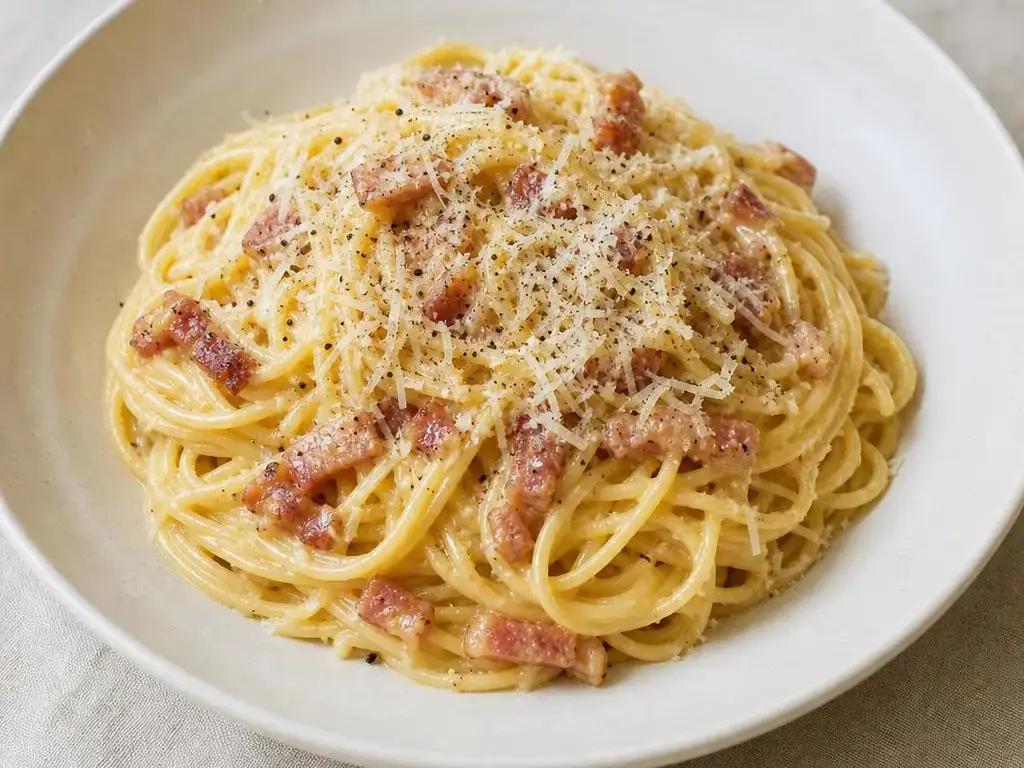 Huisgemaakte spaghetti carbonara zonder room met spek en Parmezaan