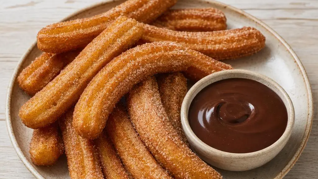 Goudbruine churros met kaneelsuiker en dikke chocoladesaus