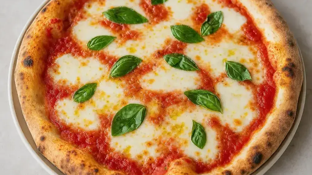 Pizza margherita met gesmolten mozzarella, tomaat en verse basilicum