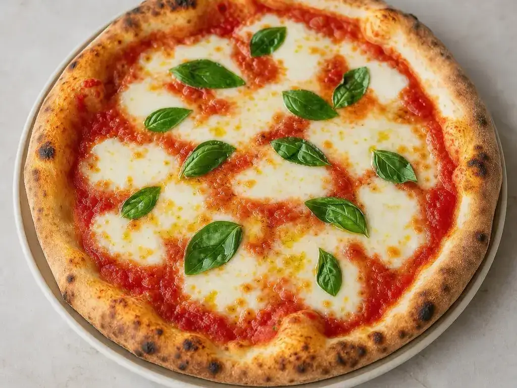 Pizza margherita met tomaat, mozzarella en basilicum