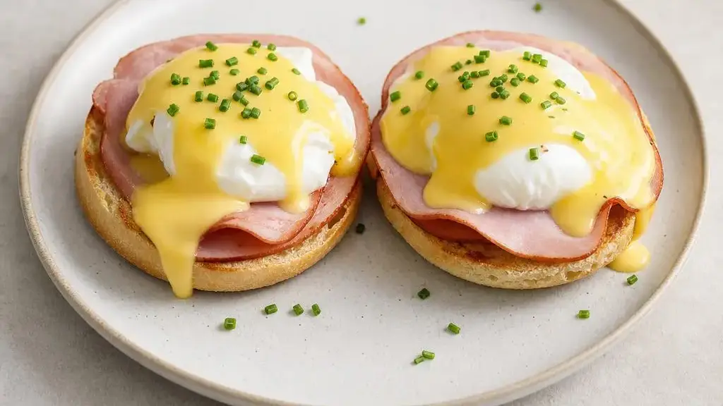 Eggs benedict met ham en glanzende hollandaisesaus