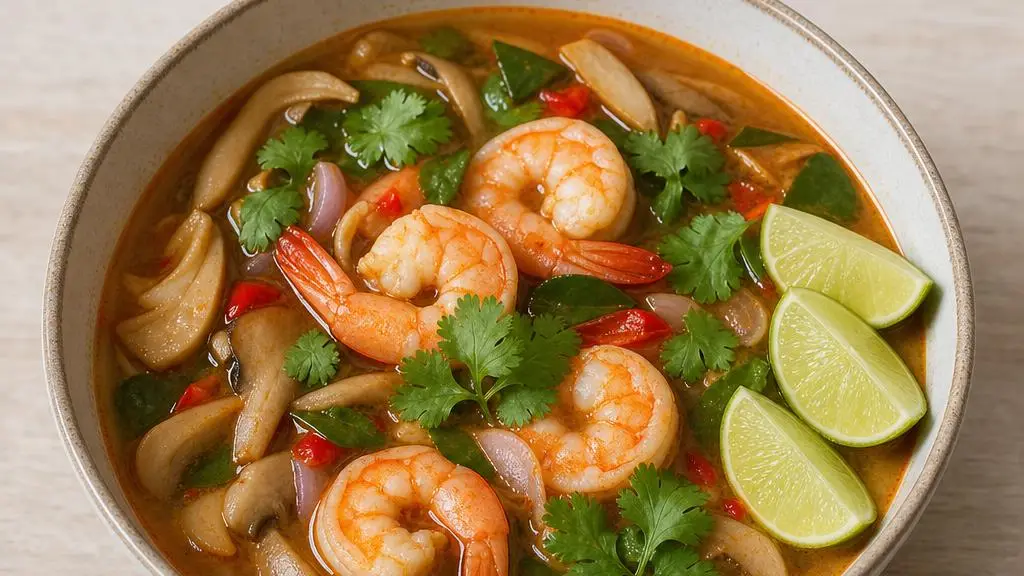 Pittige tom yum goong met garnalen, paddenstoelen en verse koriander
