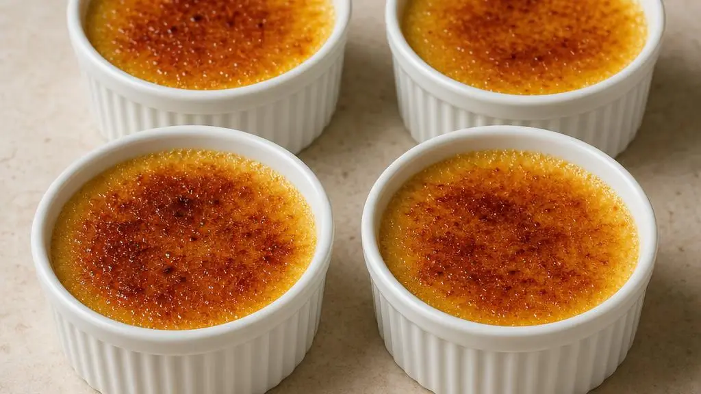 Vier porties crème brûlée met een knapperig karamellaagje