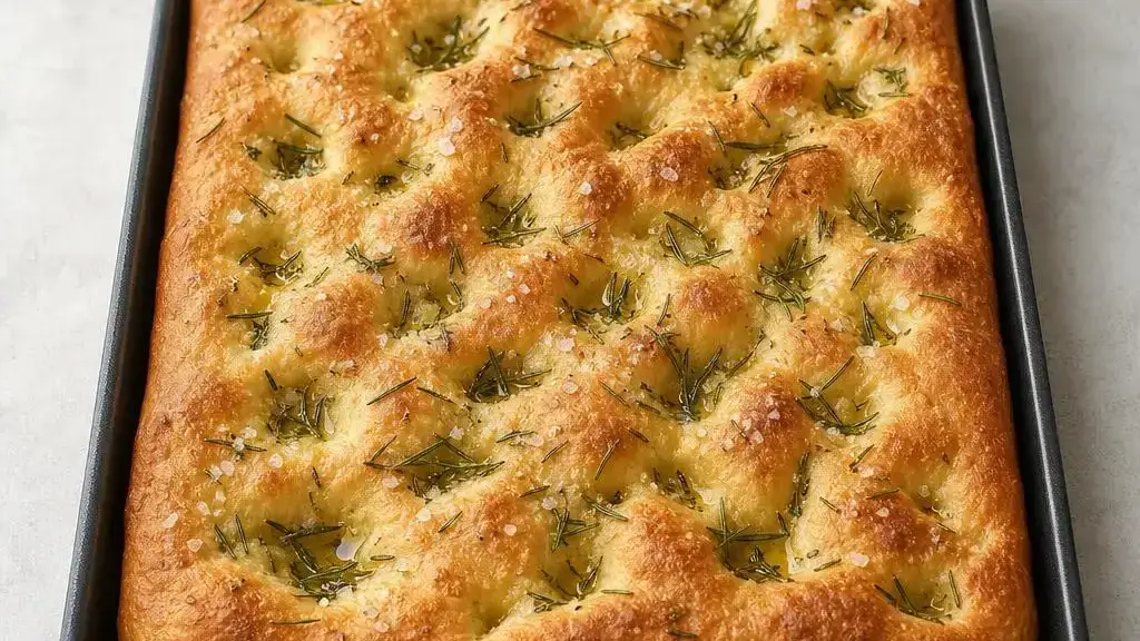 Goudbruine focaccia met olijfolie, rozemarijn en een knapperige korst