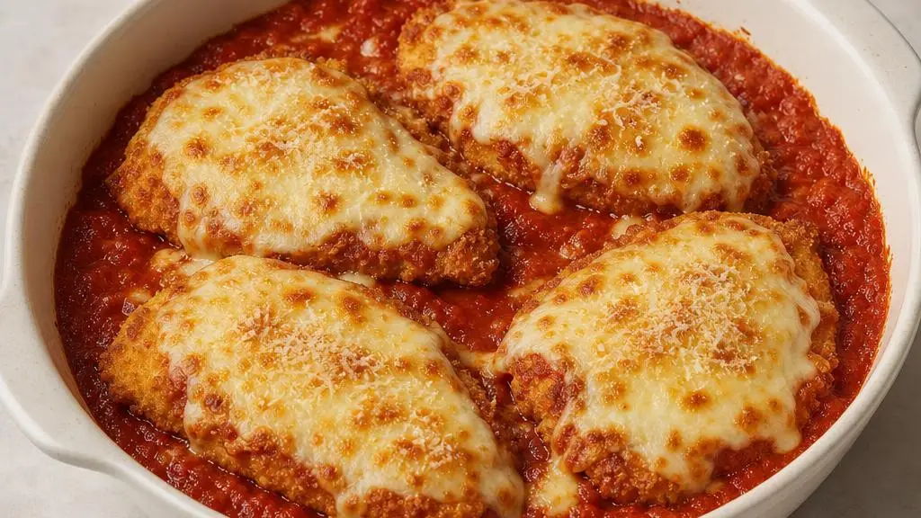 Krokante kip parmigiana met mozzarella in tomatensaus