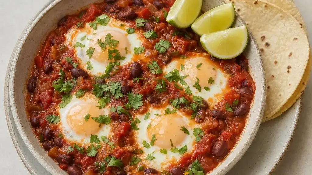 Huevos rancheros met eieren, bonen, tomatensaus en tortilla's