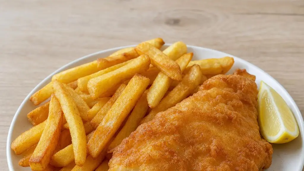 Goudbruine witte vis met krokante frieten en partjes citroen