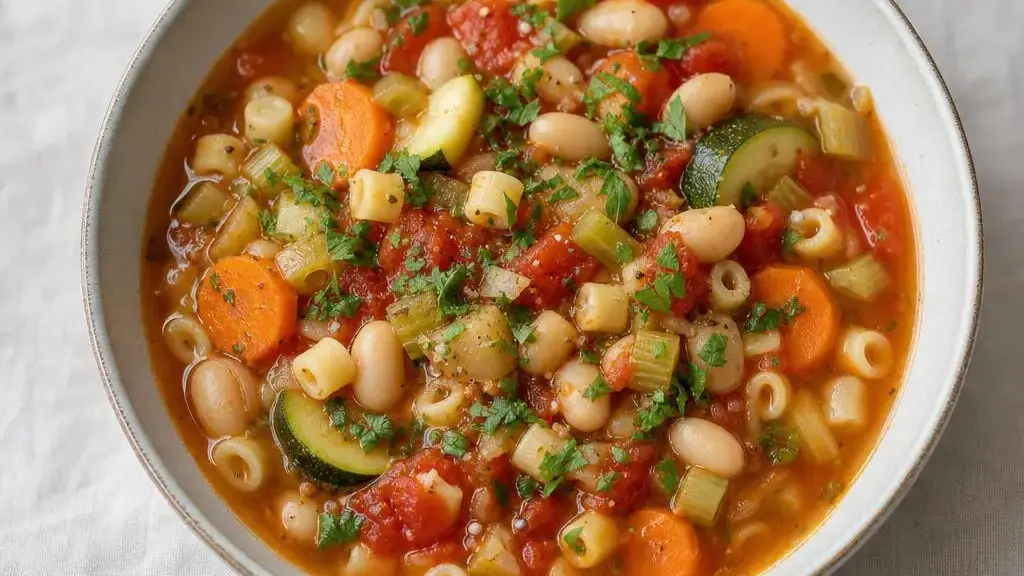 Kom minestrone met groenten, witte bonen en kleine pasta