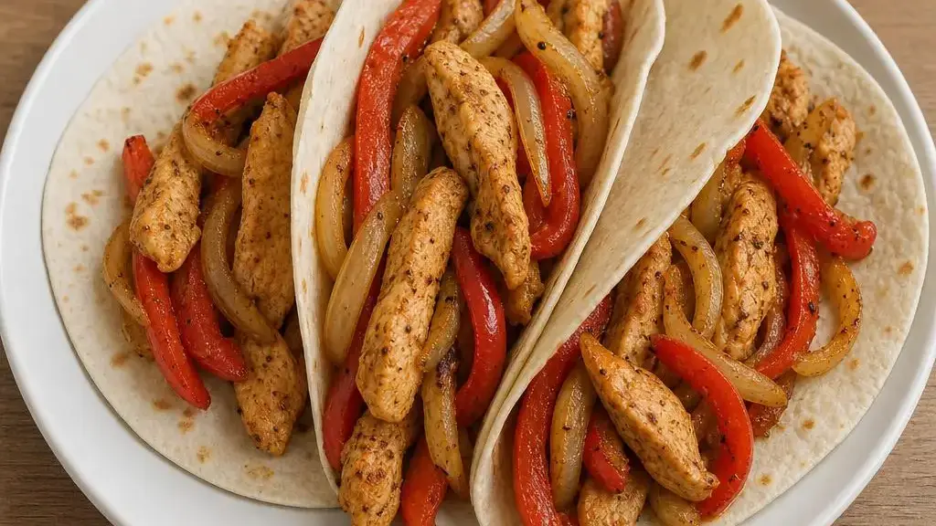 Fajitas met kip, kleurrijke paprika en ui in tortilla's