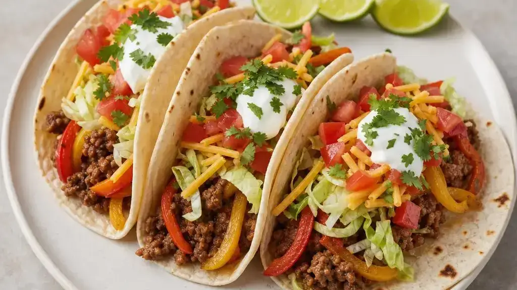 Taco's met rundvlees, paprika, sla, tomaten en kaas