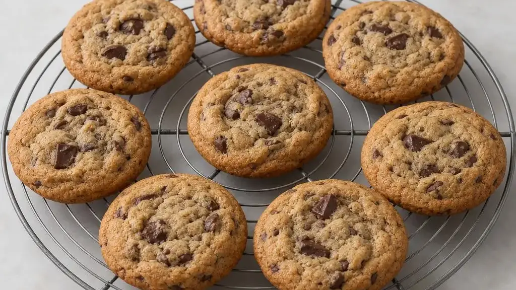 Goudbruine koekjes met stukjes chocolade op een rooster