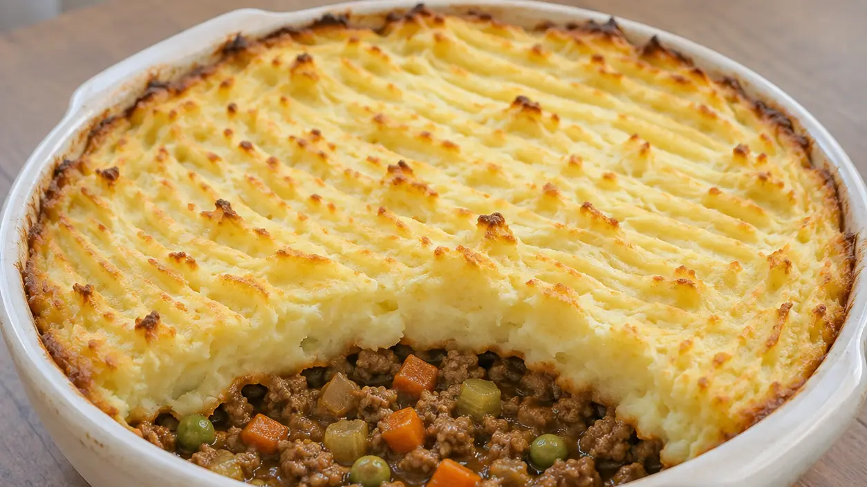 Cottage pie met rundvlees onder een goudbruine laag aardappelpuree