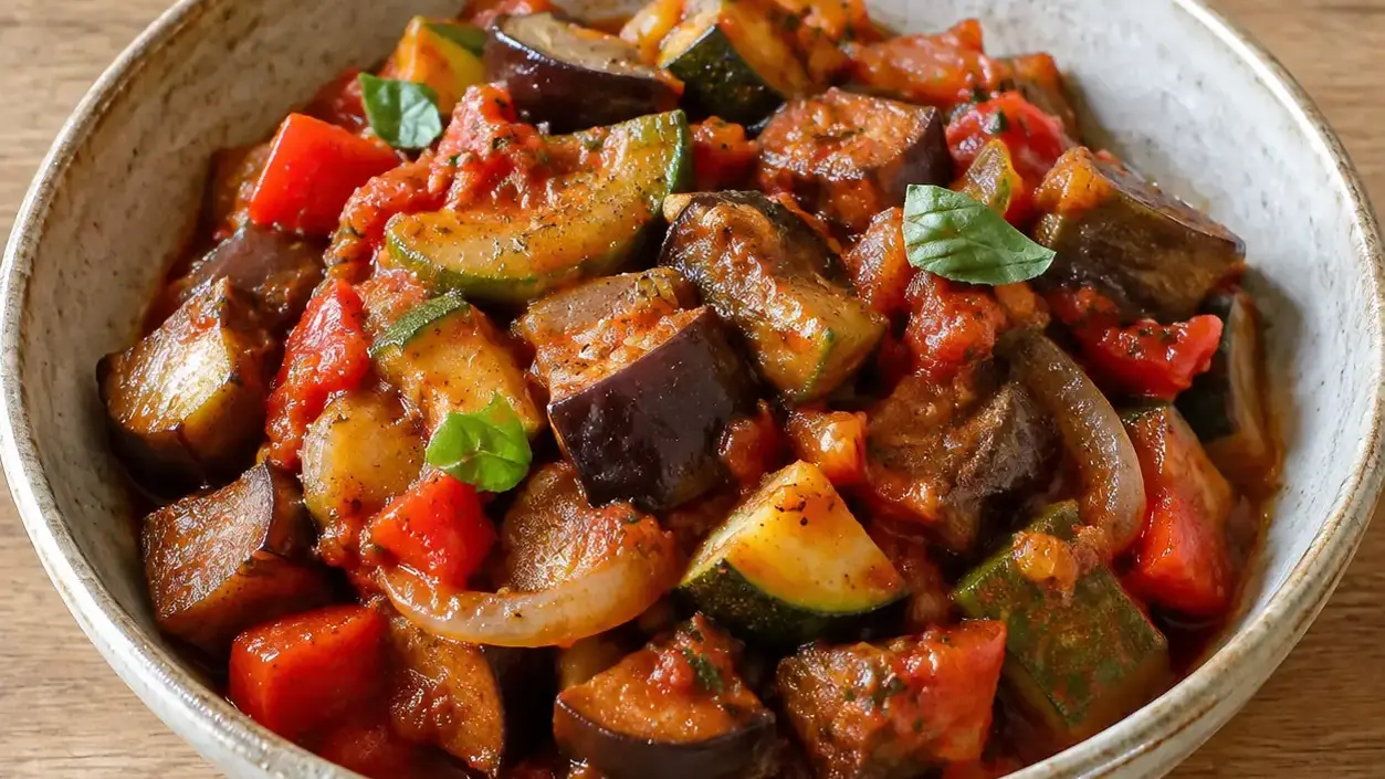 Ratatouille met stukken aubergine, courgette en paprika in tomatensaus met verse basilicum