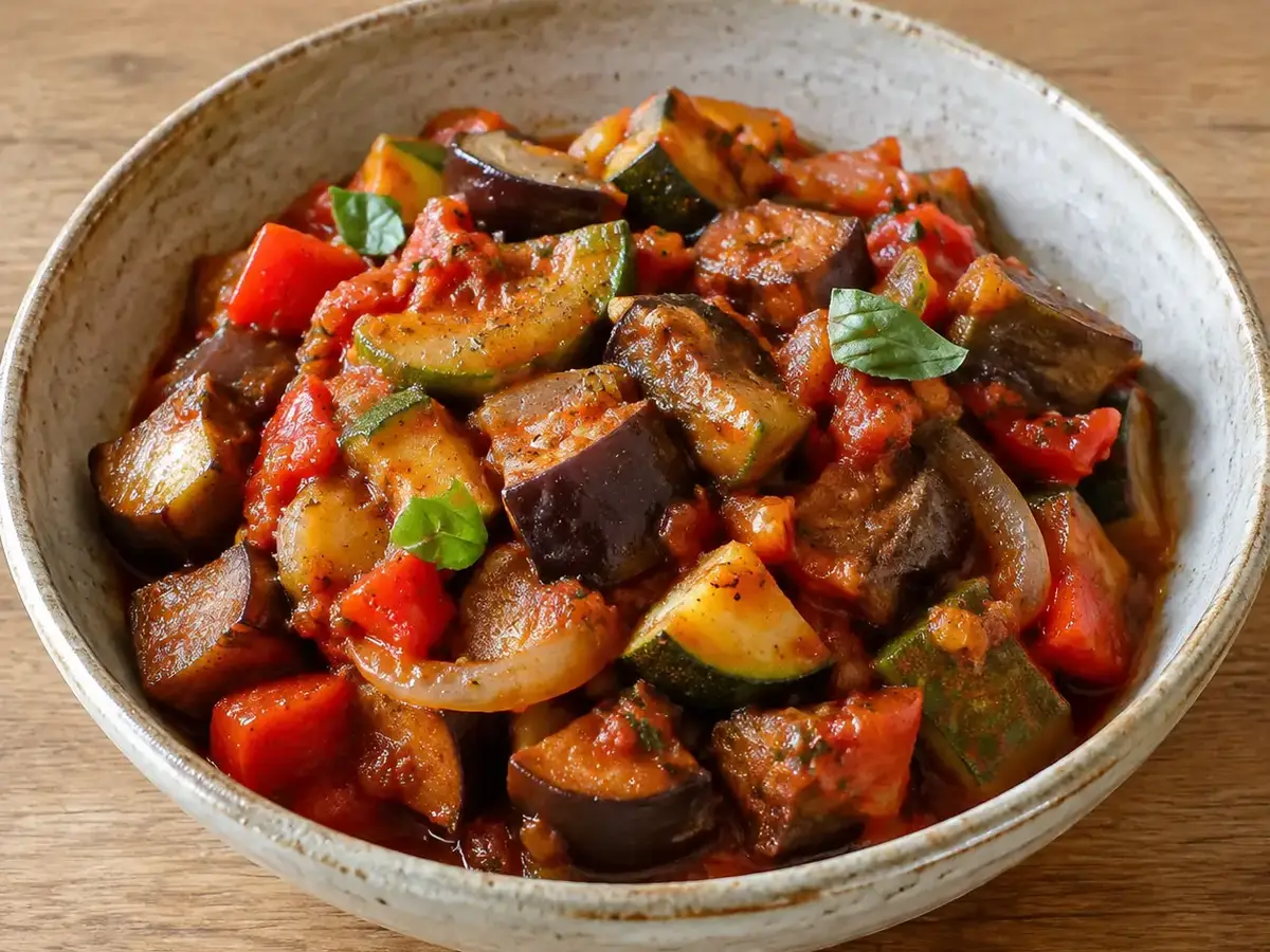 Ratatouille met aubergine, courgette en tomaten