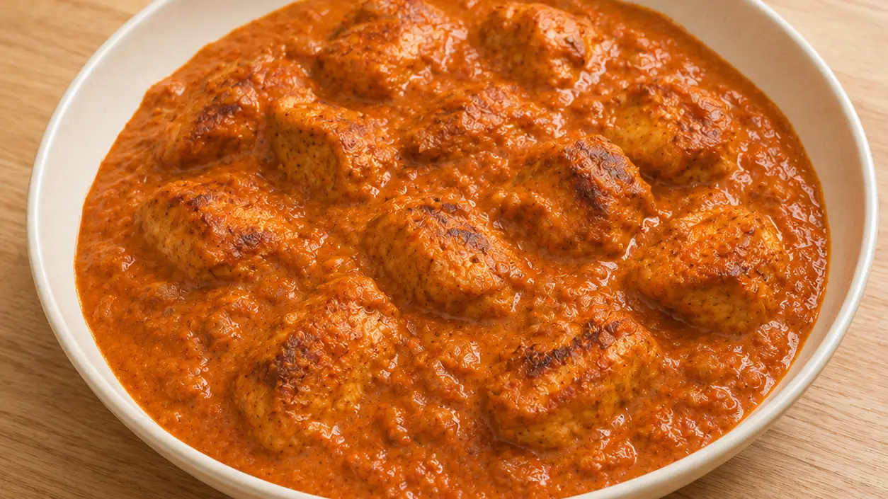 Zelfgemaakte chicken tikka masala met stukjes kip in een dikke, romige tomatensaus