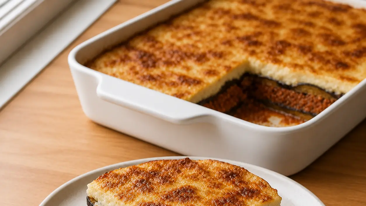 Portie zelfgemaakte moussaka met lagen geroosterde aubergine, rundvlees en goudbruine bechamel