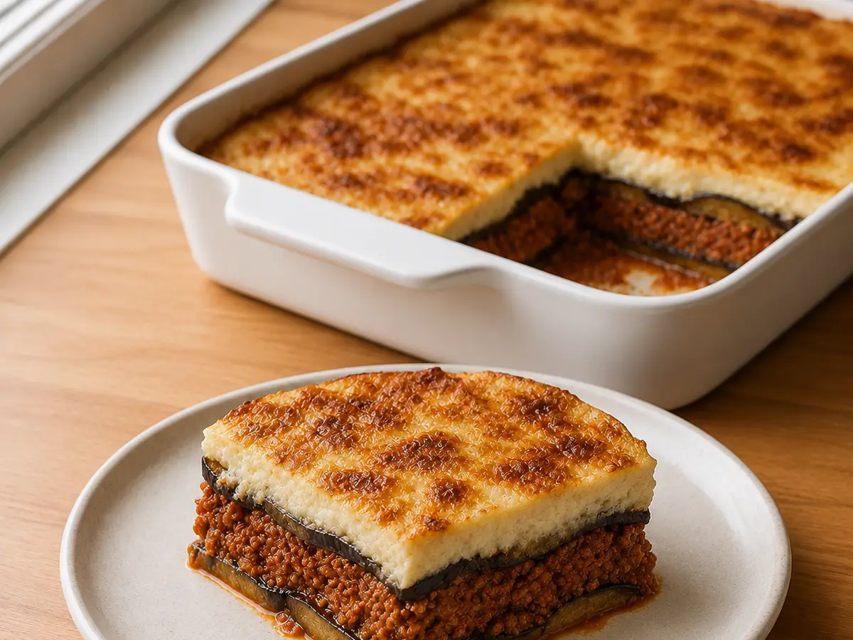 Zelfgemaakte moussaka met aubergine, rundvlees en bechamel
