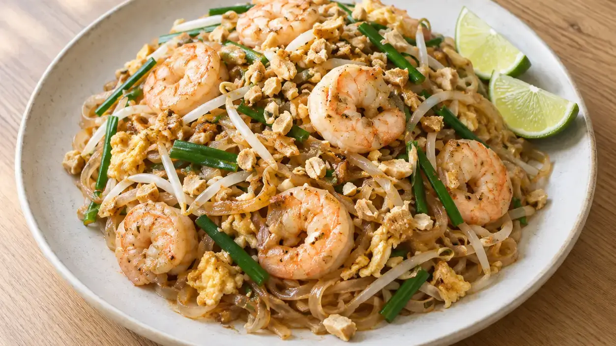 Pad thai met garnalen, ei, taugé, bieslook, pinda's en limoen