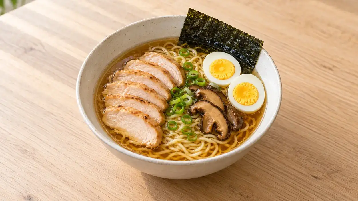 Shoyu-ramen met kip, ei, shiitake, bosui en nori in een heldere bouillon