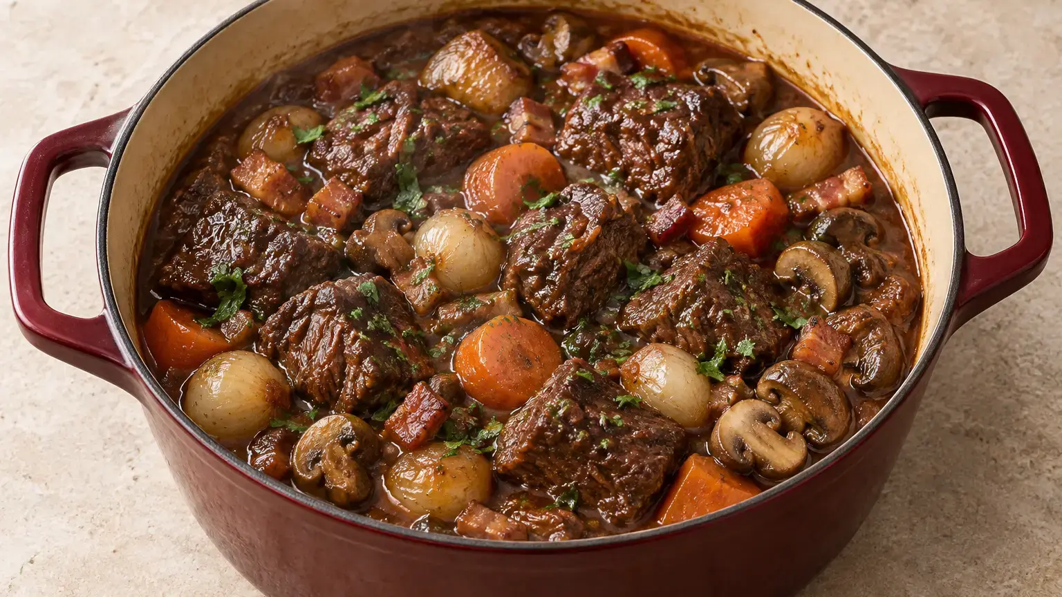 Boeuf bourguignon in a dark red wine sauce with bacon, carrots, mushrooms, pearl onions, and parsley
