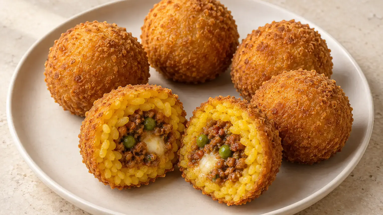 Golden, round arancini and a cut-open rice ball showing saffron rice, beef ragù, peas, and mozzarella
