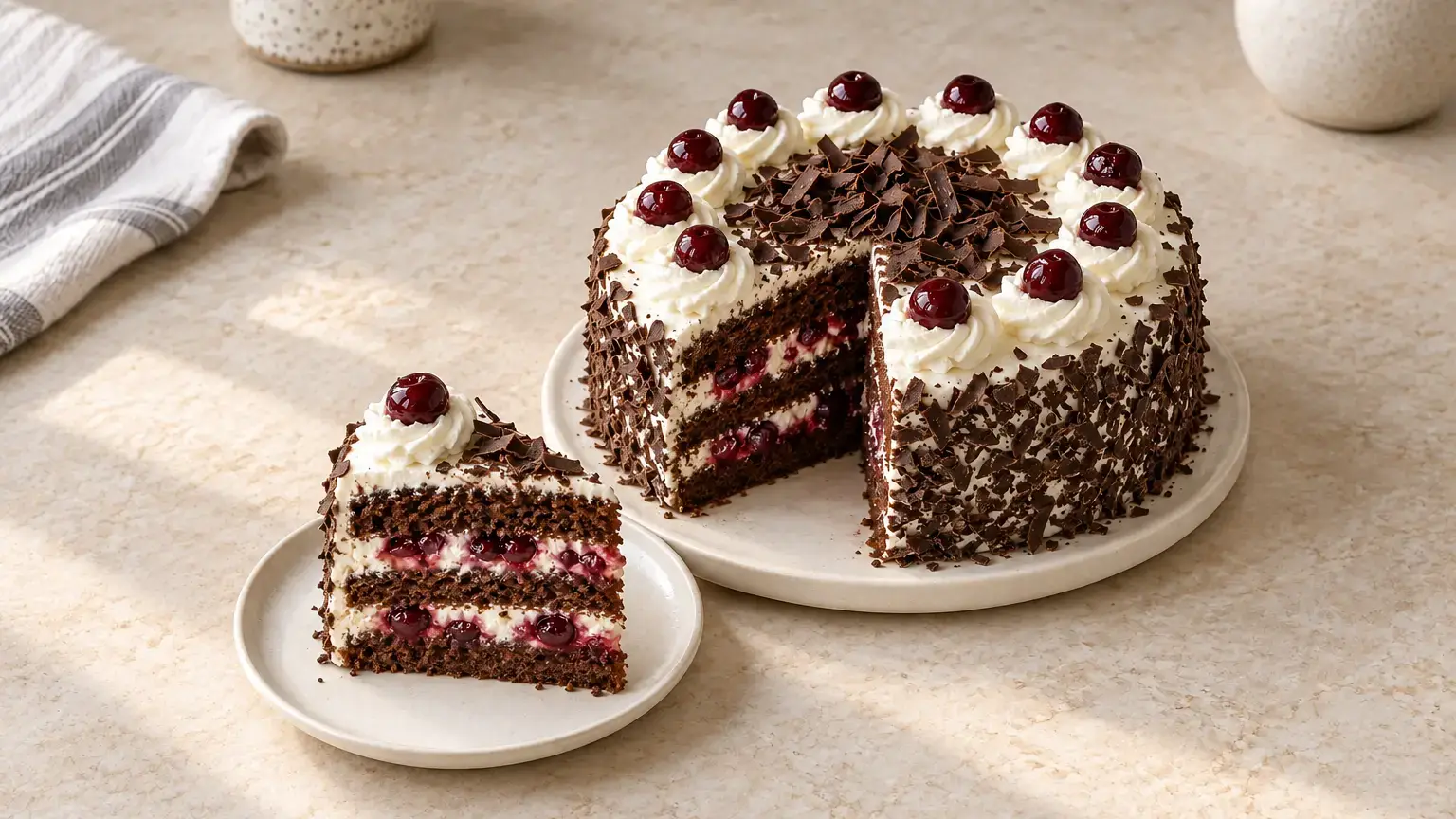 Black Forest cake with three cocoa sponge layers, sour cherries, white whipped cream, chocolate shavings, and cherry-topped rosettes