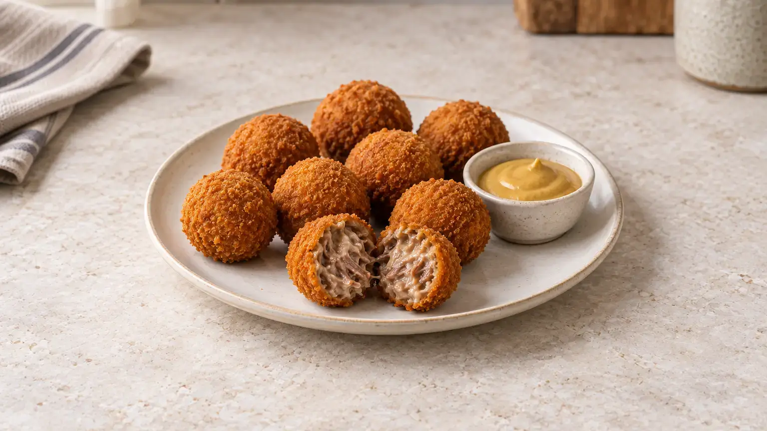 Golden bitterballen with a crisp coating, a cut-open ball showing creamy beef ragout, and a small bowl of mustard