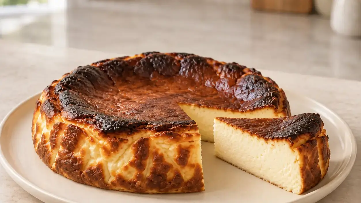 Basque cheesecake with a deep brown top and a pale, creamy cut surface, without a crust or toppings