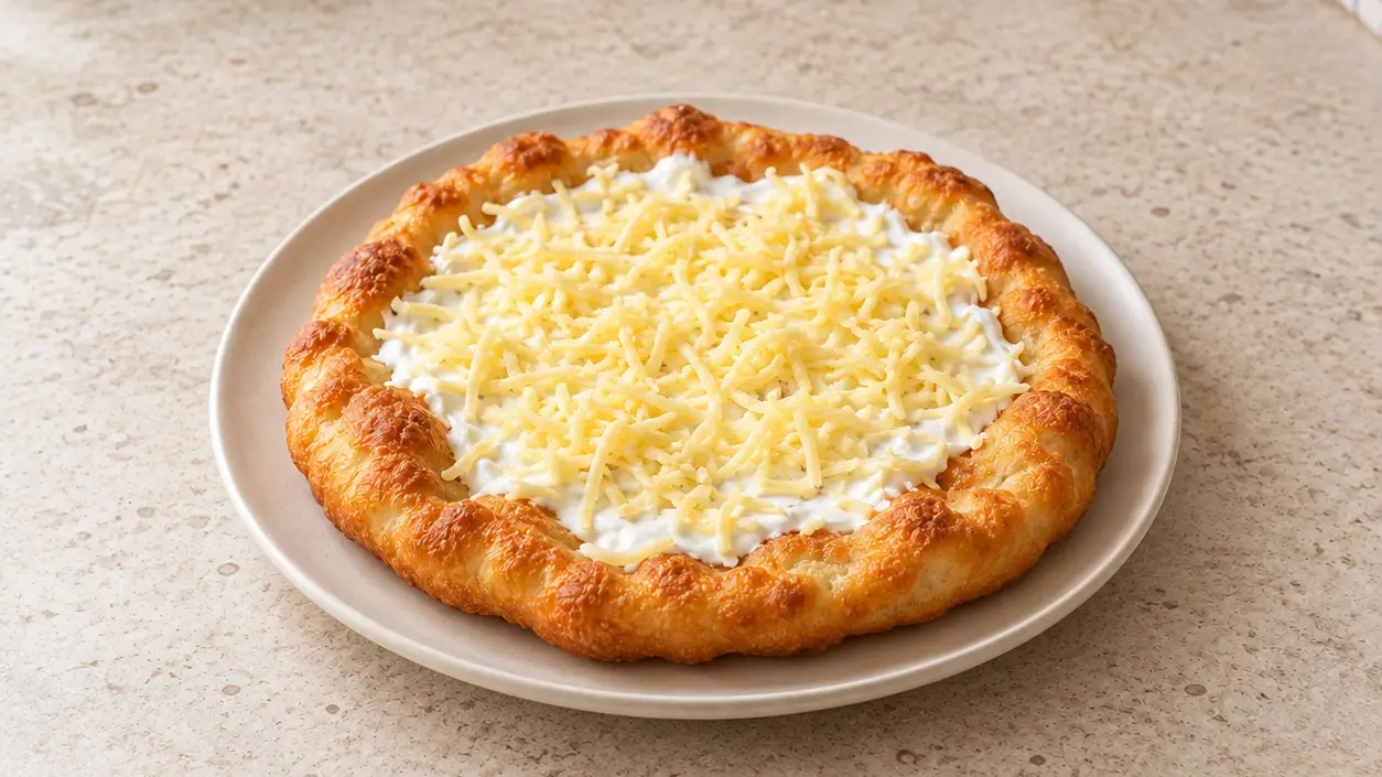 Golden lángos with a puffy edge, sour cream, and finely grated Gouda on top