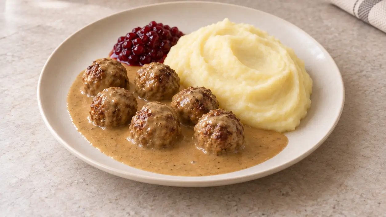 Six Swedish meatballs in creamy sauce on a plate with mashed potatoes and lingonberries