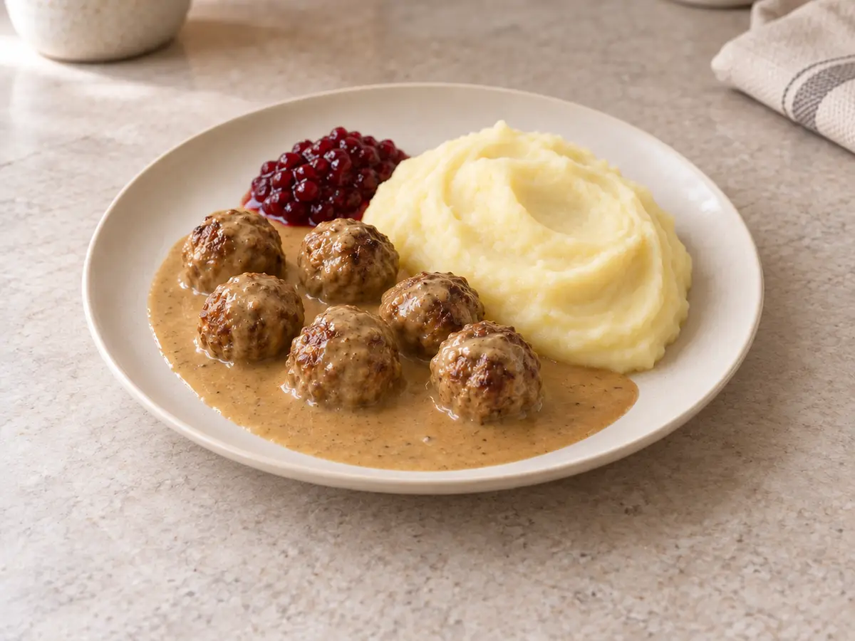 Swedish Meatballs (Köttbullar) in Cream Sauce with Mashed Potatoes
