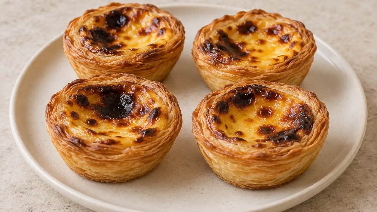 Portuguese pastéis de nata with golden, layered pastry and creamy filling covered in dark brown patches