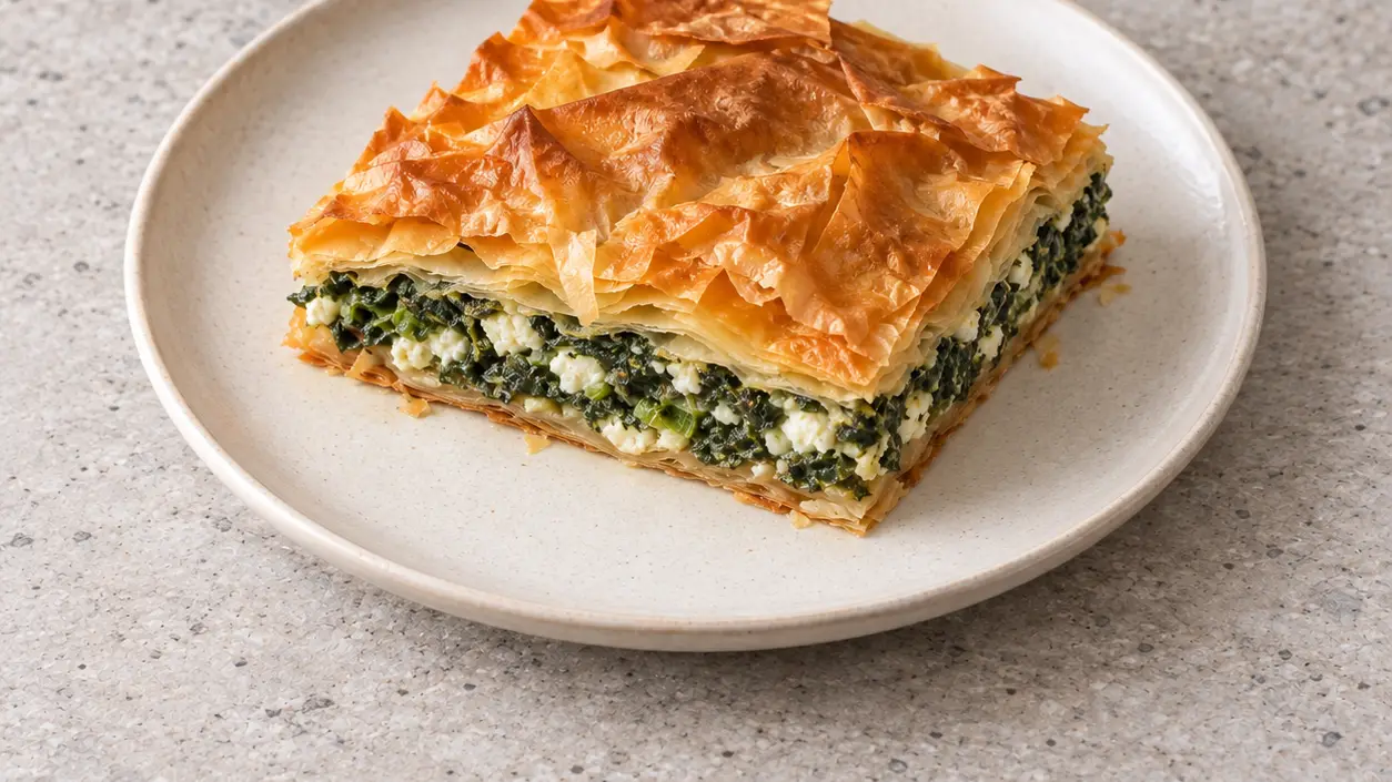 Golden spanakopita with crisp phyllo layers and a visible spinach and feta filling