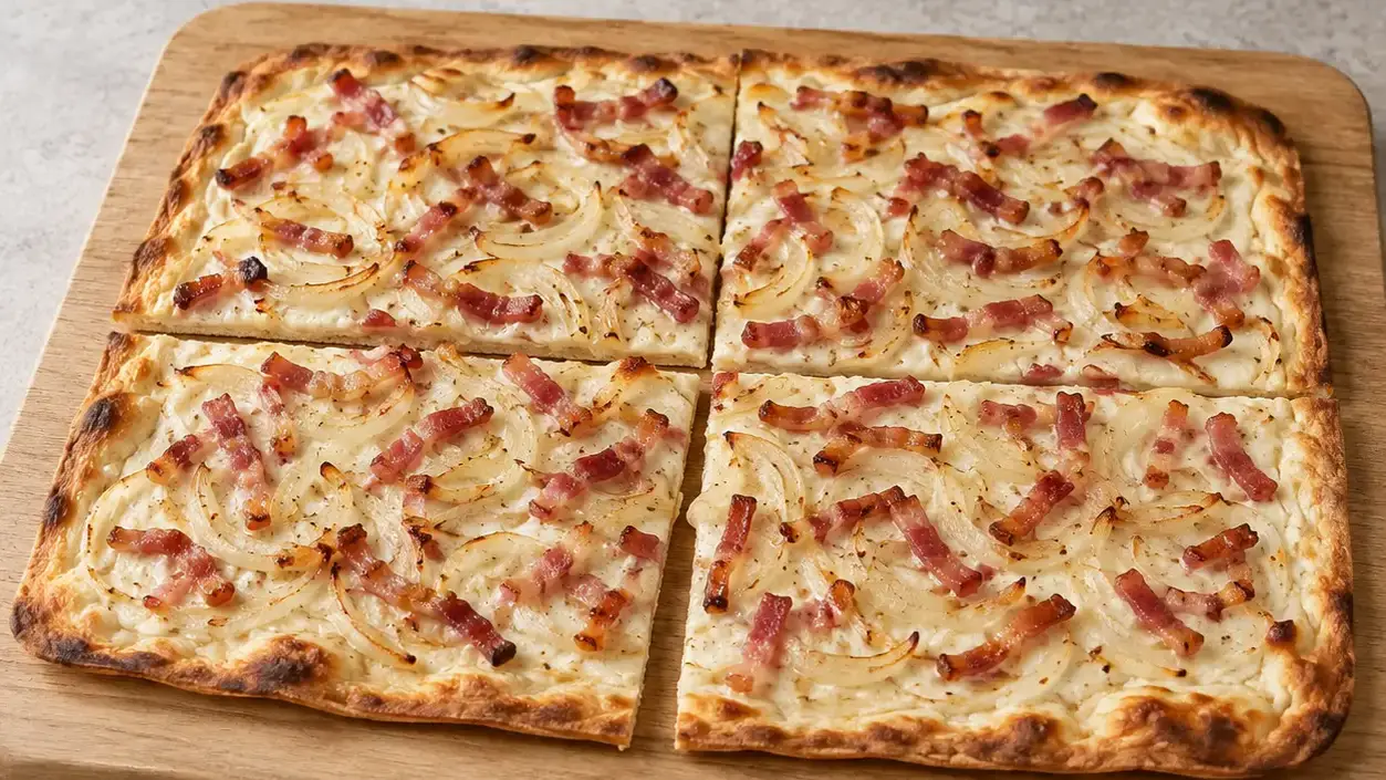 Thin flammkuchen with browned edges, sour cream, bacon strips and thinly sliced onion