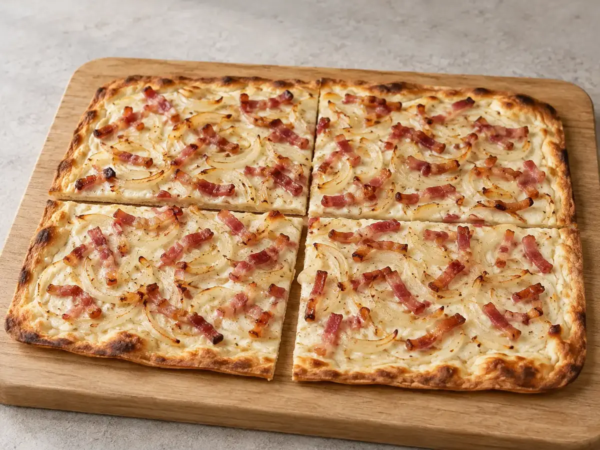 Flammkuchen – Thin Flatbread with Bacon, Onion and Sour Cream