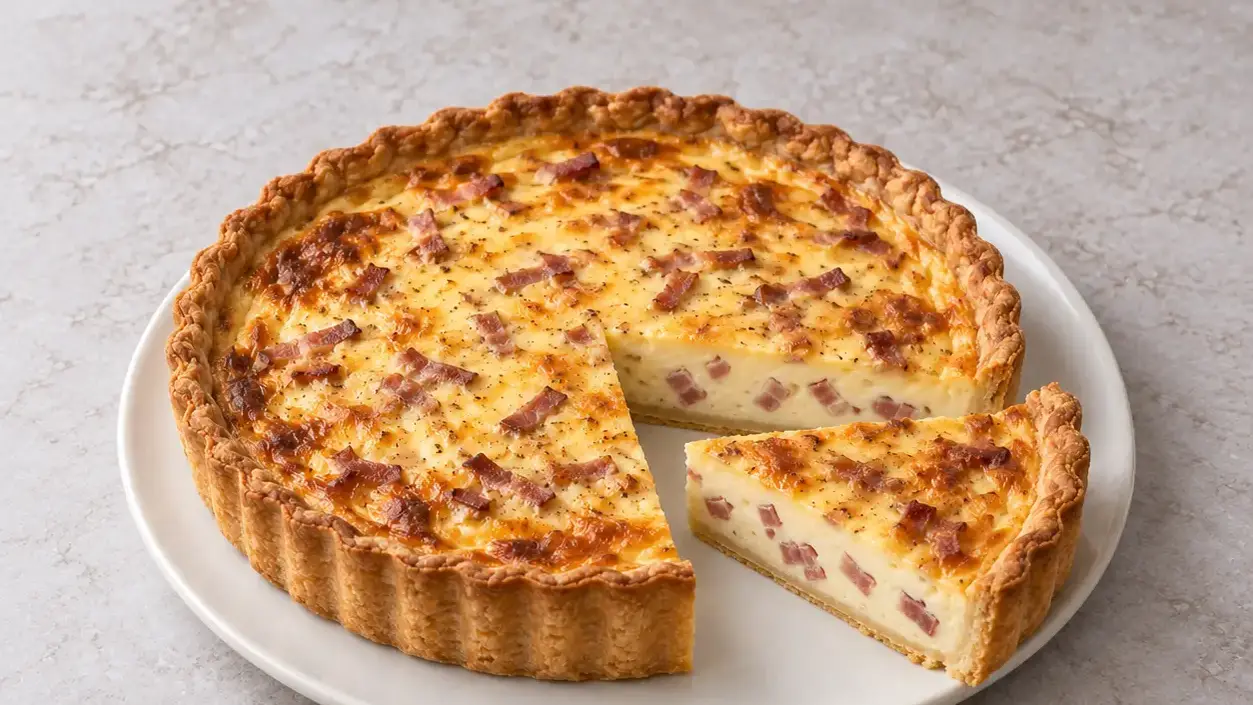Quiche Lorraine with browned shortcrust edges and a slice cut out, revealing creamy bacon filling