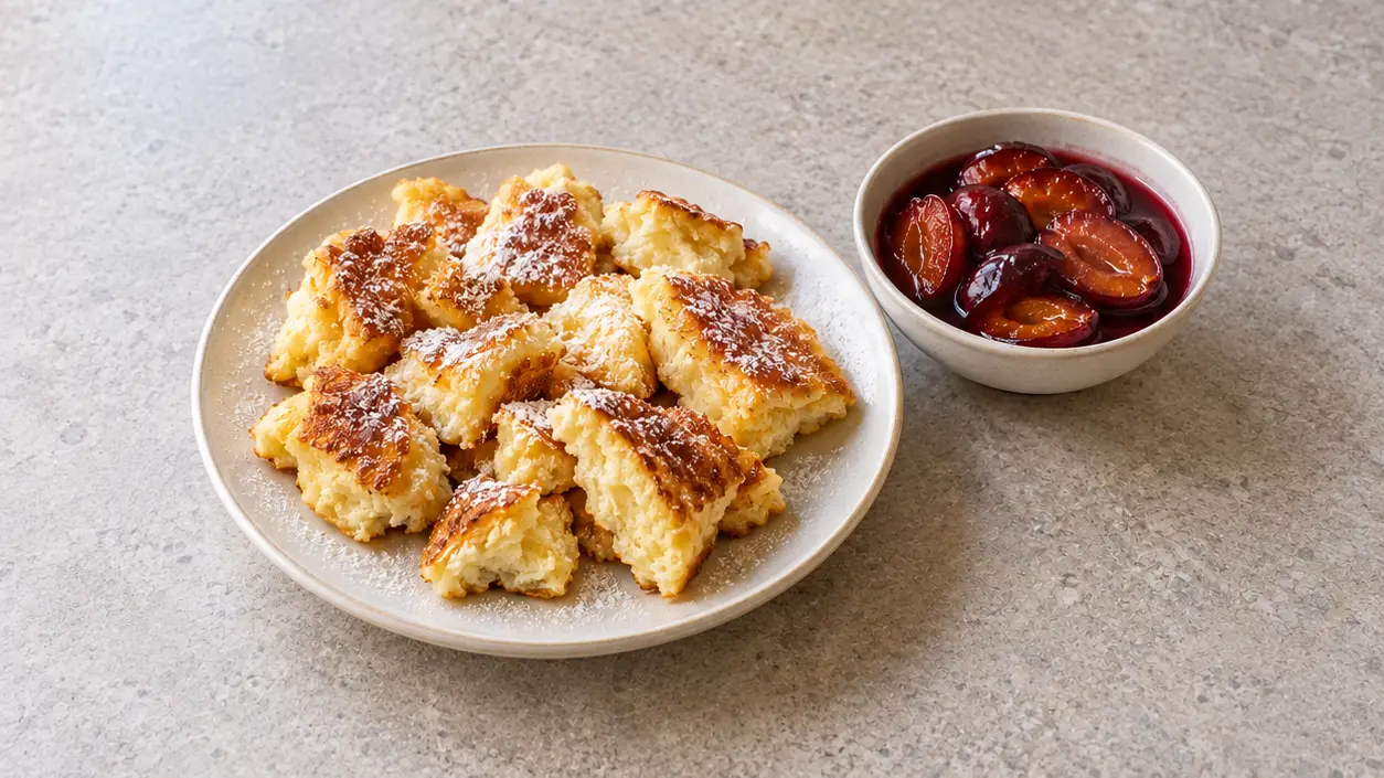 Fluffy Kaiserschmarrn pieces with powdered sugar and stewed plums in thick sauce alongside