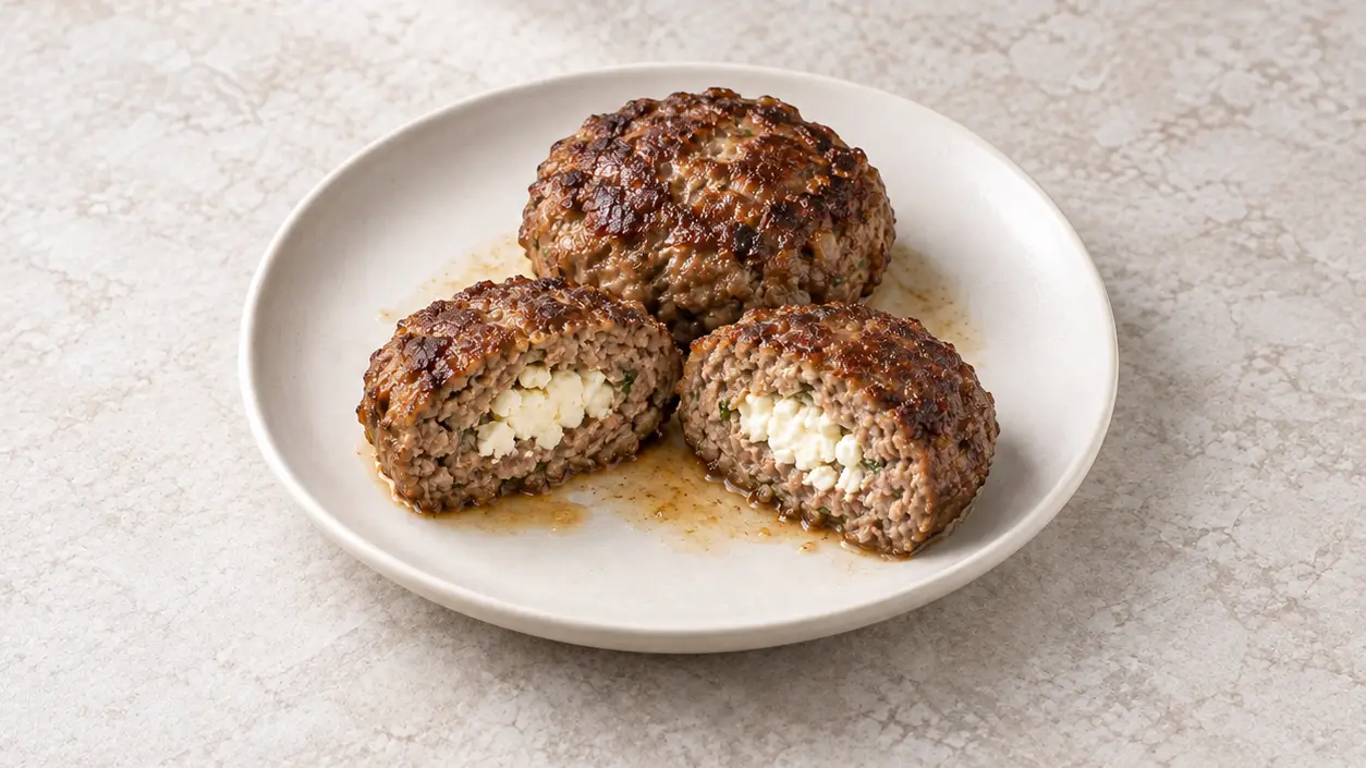 Browned Greek patties, one cut open to reveal its white feta filling