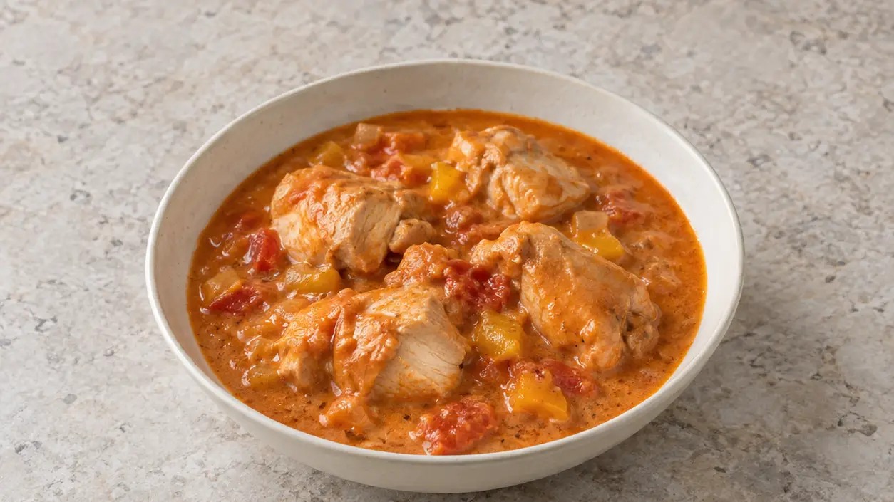 Chicken pieces in a creamy orange-red paprika sauce with small pieces of softened vegetables