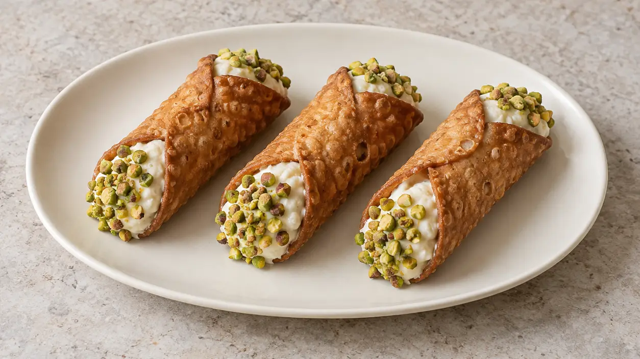 Golden-brown cannoli with blistered shells, white ricotta cream and chopped pistachios at the ends