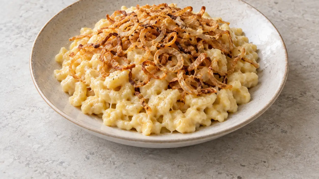 Short homemade spaetzle coated in melted cheese, topped with thin, golden, crispy onions
