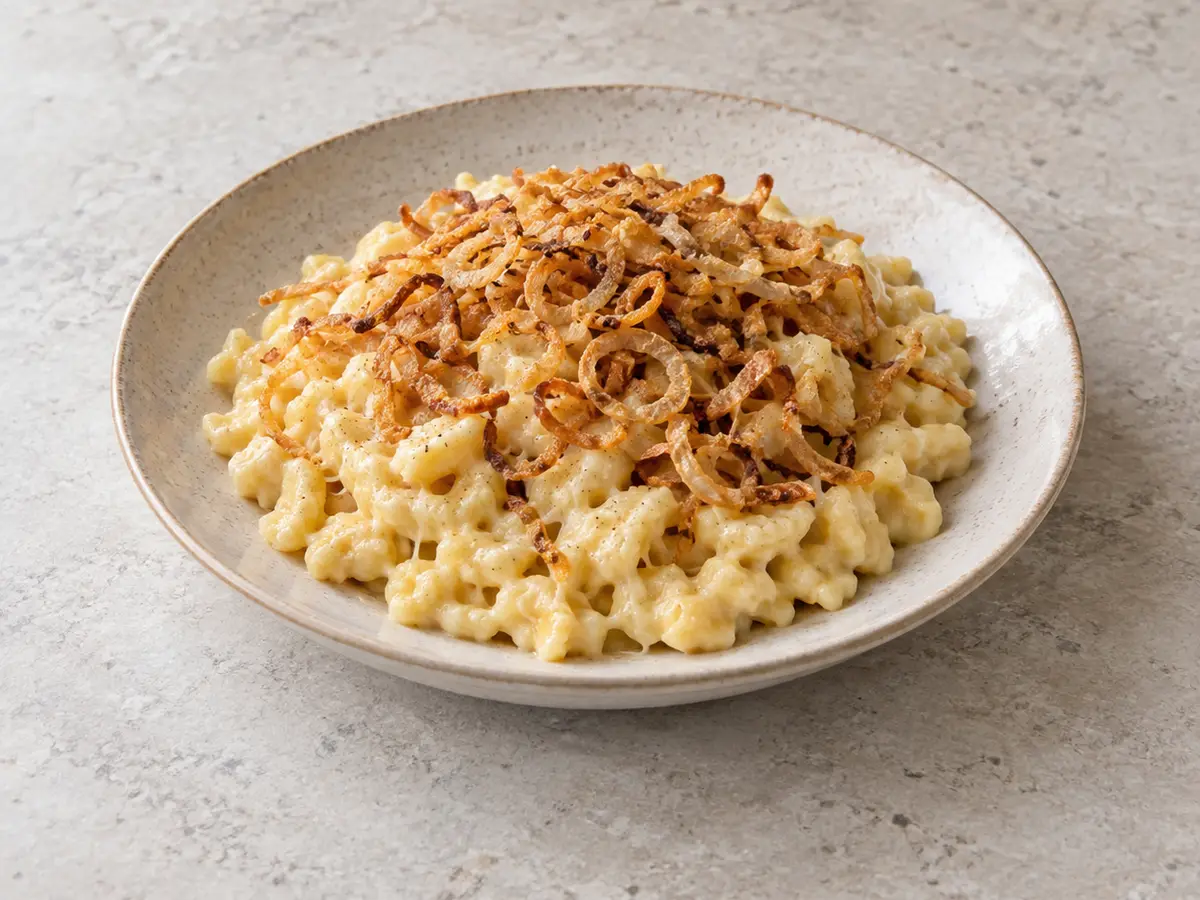Käsespätzle – Cheese Spaetzle with Crispy Onions