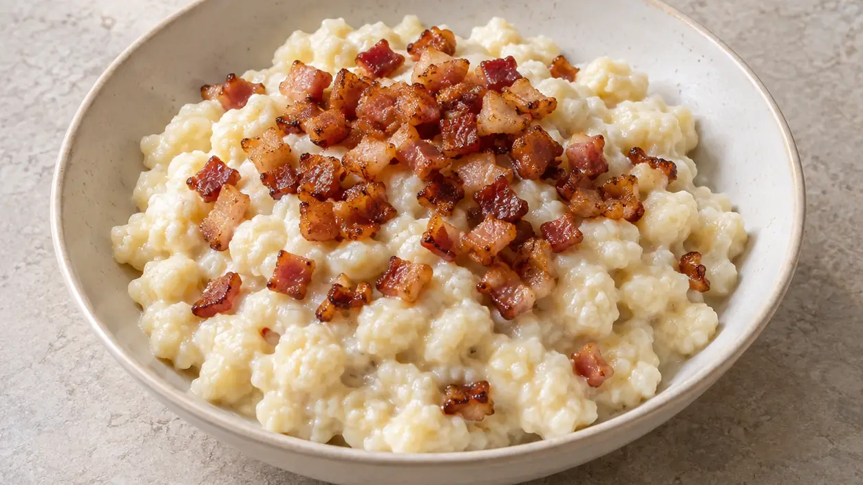 Small potato dumplings coated in thick bryndza sauce, topped with crispy bacon cubes