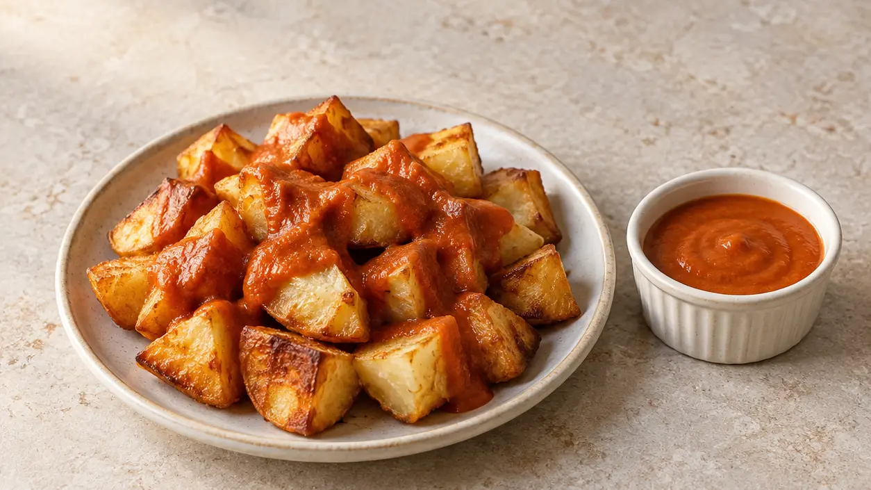 Golden potato pieces with crisp edges, partially covered in smooth red brava sauce
