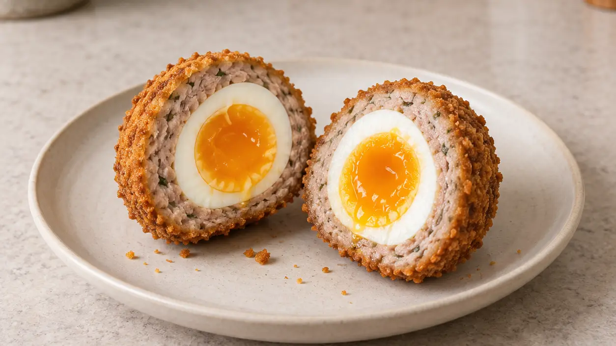 Scotch egg halves with crisp golden breadcrumbs, fully cooked pork and soft yolks