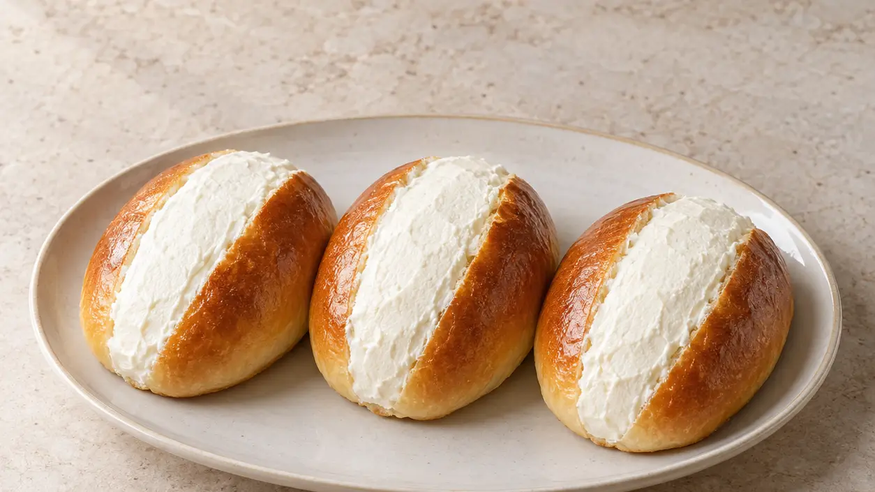Golden oval maritozzi with a wide, smooth band of white whipped cream in a lengthwise slit