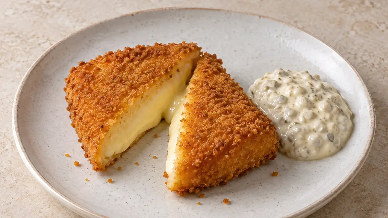 Golden breaded Edam with a soft, stretchy center and thick tartar sauce served alongside