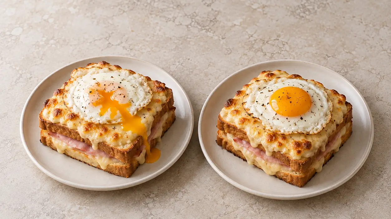 Croque madame with golden béchamel, ham, stretchy cheese and a fried egg on crisp bread
